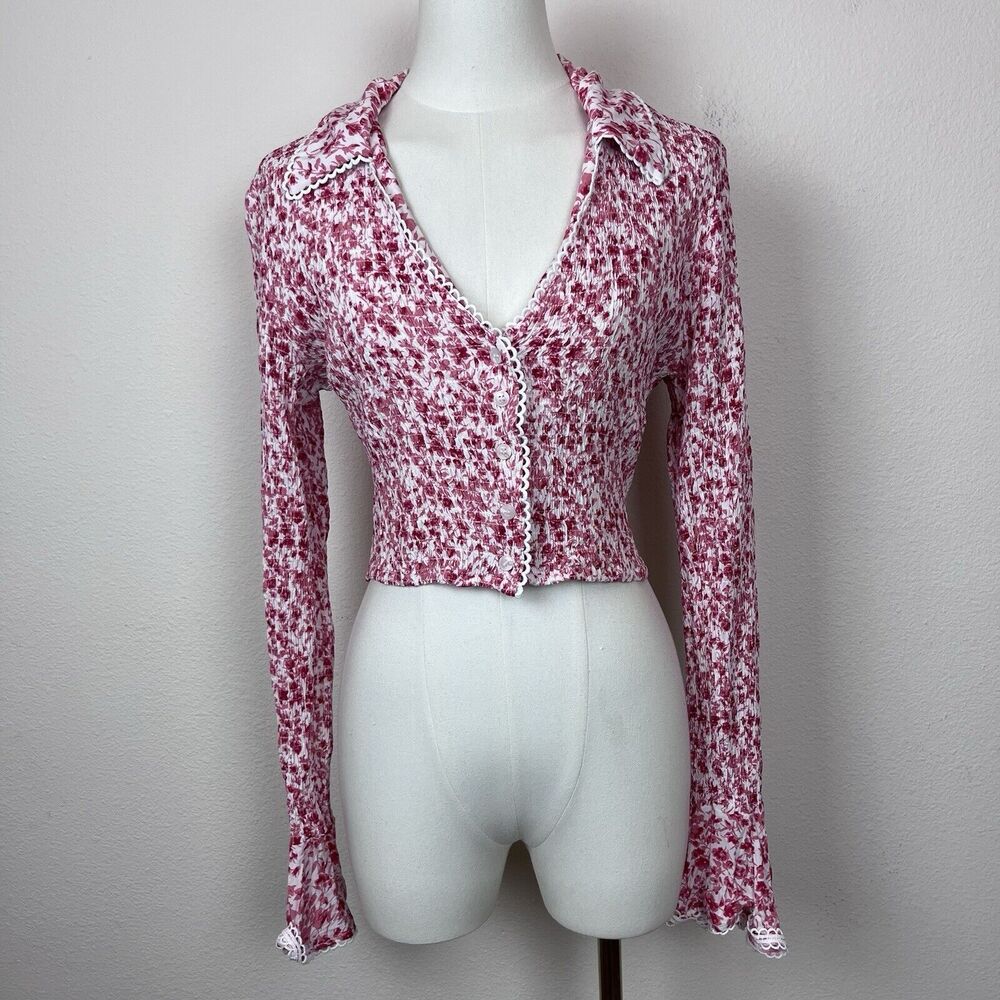 Klesis Top Womens Large Cropped Ditsy Floral Bell Sleeve Cottage Smocked Boho